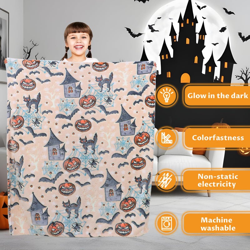 UOFON Halloween Pumpkin Blanket Kids Glow in The Dark Blanket Black Cat Halloween Decor Gifts for Women Boys Girls 50""x60"" - Image 4